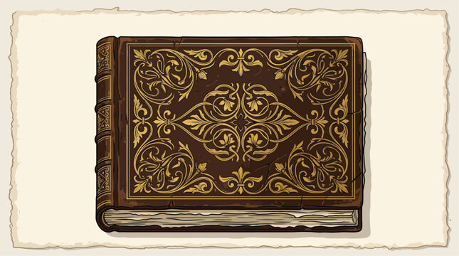 Antique leather bound book with ornate gold tooling and decorative patterns.
