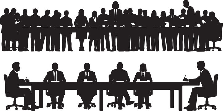 Black Solid Vice President Sitting Empty Table Silhouettes Set of Six on White Background
