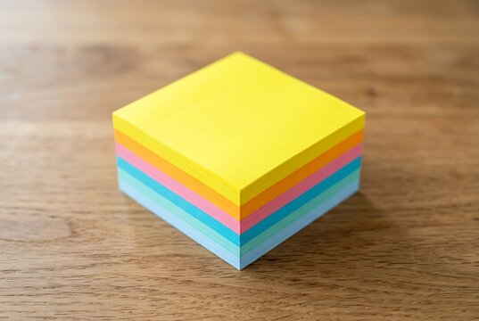 Vibrant block of sticky notes on wooden surface