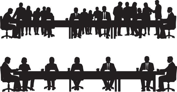 Black Solid Vice President Sitting Empty Table Silhouettes Set of Six on White Background