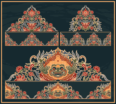 Vintage Floral Batik Border and Mask Pattern with Balinese Wayang Motif Scarf, Rug, and Gift Wrap