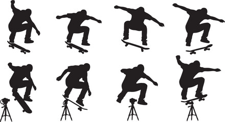 Black Solid Skateboard Trick Ground Camera Silhouettes Set of Six on White Background © Lubna