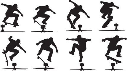Black Solid Skateboard Trick Ground Camera Silhouettes Set of Six on White Background © Lubna