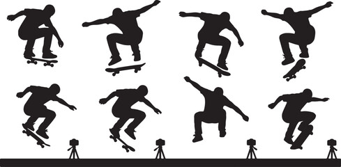Black Solid Skateboard Trick Ground Camera Silhouettes Set of Six on White Background © Lubna