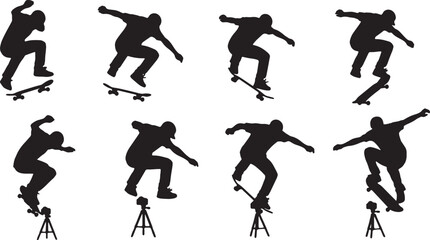 Black Solid Skateboard Trick Ground Camera Silhouettes Set of Six on White Background © Lubna