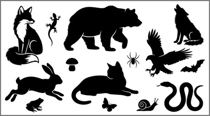 Wildlife Animal and Nature Silhouette Collection Featuring Bear Fox Wolf Eagle Rabbit Snake and Forest Creatures © mos