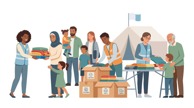 Humanitarian aid volunteers distributing clothing and supplies to diverse refugee families at a relief camp with tents and boxes in a flat vector illustration.