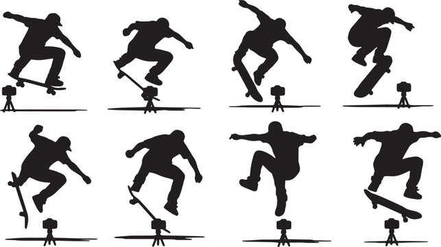 Black Solid Skateboard Trick Ground Camera Silhouettes Set of Six on White Background