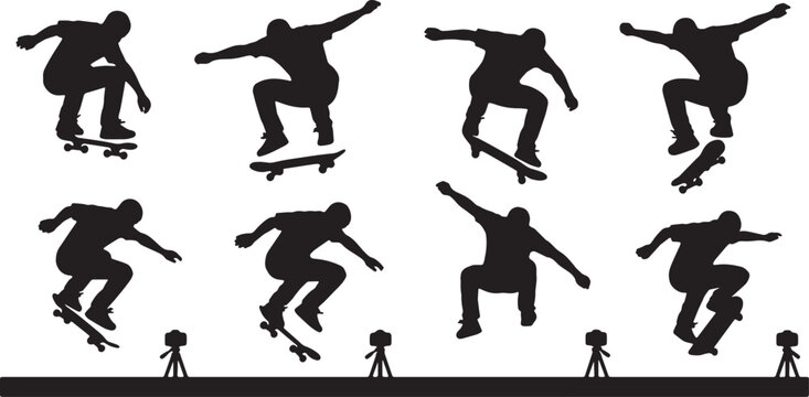Black Solid Skateboard Trick Ground Camera Silhouettes Set of Six on White Background
