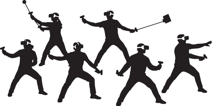 Black Solid Software Reviewer VR Headset Wand Silhouettes Set of Six on White Background