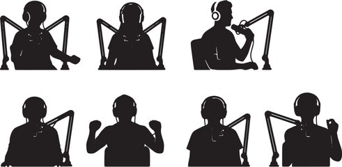 Black Solid Studio Podcast Boom Mic Setup Silhouettes Set of Six on White Background © Lubna