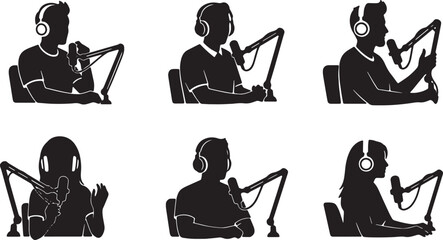 Black Solid Studio Podcast Boom Mic Setup Silhouettes Set of Six on White Background © Lubna