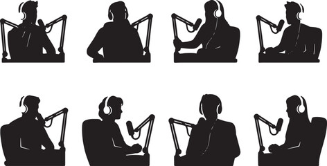 Black Solid Studio Podcast Boom Mic Setup Silhouettes Set of Six on White Background © Lubna