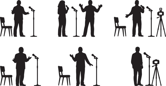 Black Solid Standup Comedy Microphone Camera Silhouettes Set of Six on White Background