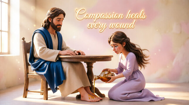 A repentant sinful woman tenderly anoints Jesus with sacred perfume in devoted worship.