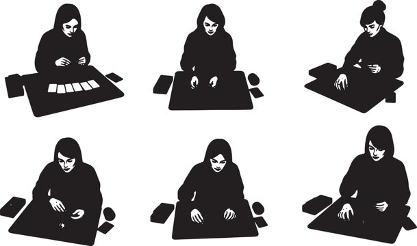 Black Solid Tarot Card Reader Overhead Camera Silhouettes Set of Six on White Background