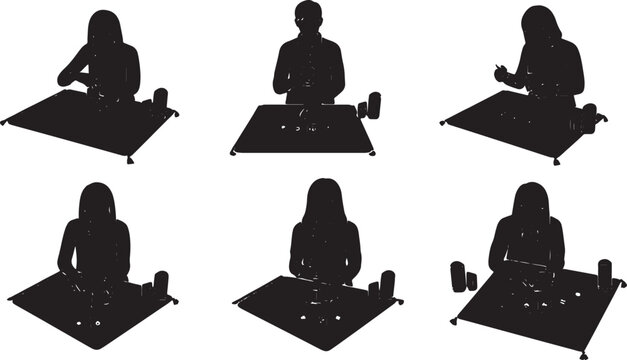 Black Solid Tarot Card Reader Overhead Camera Silhouettes Set of Six on White Background