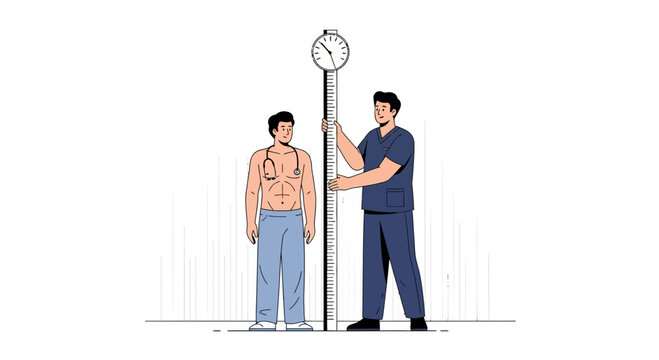 Doctor measuring patient's height with a stadiometer in a clinic, medical checkup concept