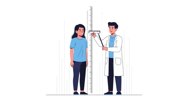 Doctor measuring young girl's height with a stadiometer against a height chart, representing growth and health check-ups.