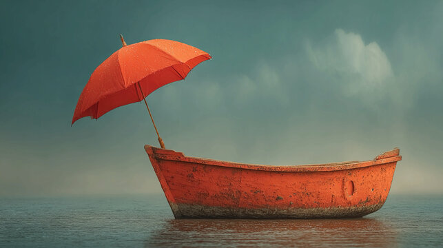 Umbrella turning into boat, adaptation and transformation, surreal object morphing, visual metaphor for resilience, change, and creative problem-solving in imaginative composition.