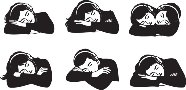 Black Solid Teleworker Power Nap Silhouettes Set of Six on White Background