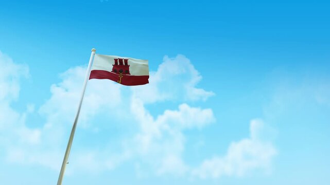 Gibraltar Flag 3D Render Animation with Fighter Jets Formation in Blue Sky