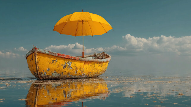 Umbrella turning into boat, adaptation and transformation, surreal object morphing, visual metaphor for resilience, change, and creative problem-solving in imaginative composition.