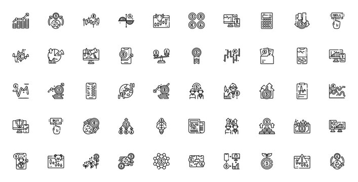 Trading icon set. Business vector icon pack. Minimalist icons. Includes symbols for profit, currency, chart, fluctuation, bull market, trading, calculator, loss, sell, auction, growth, medal, line cha