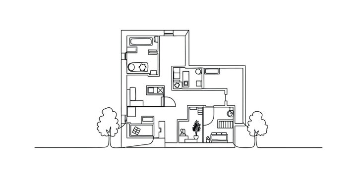 Hand-drawn floor plan of a house with trees