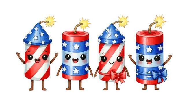 Festive 4th of july cute cartoon firecrackers celebrating independence day in usa patriotic style