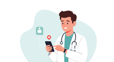 Fototapeta premium Doctor uses smartphone for healthcare communication and telemedicine, vector illustration