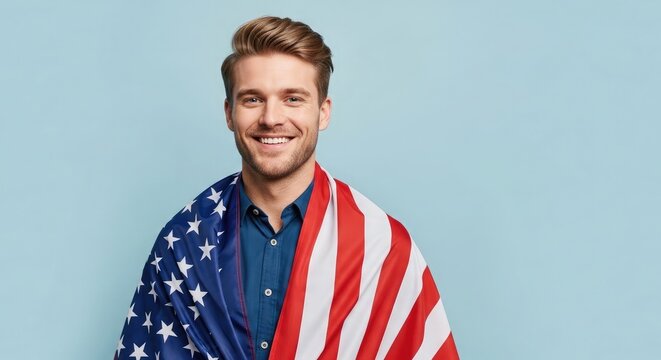 Celebrating independence day in the usa smiling man with american flag for 4th of july festivities