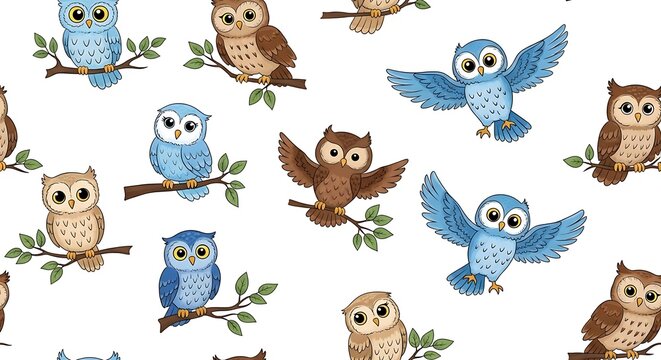 Cute cartoon owls pattern with blue and brown birds on branches