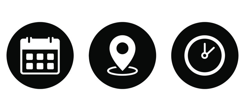 Date calendar map pin location clock time icon vector on black circle  elements for scheduling navigation time tracking and location marking interface design vector, designs