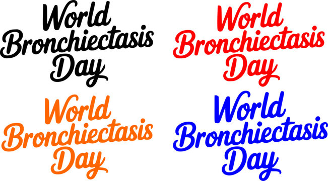World Bronchiectasis Day calligraphy text set featuring elegant hand-drawn typography logos in black, red, orange, and blue colors for global health awareness and lung medical events.
