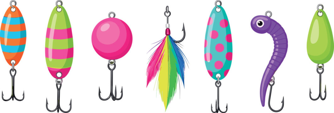 Fishing Lure Collection Vector Illustration with Colorful Artificial Baits, Hooks, and Spinner Designs for Angling Equipment, Outdoor Sports, and Tackle Desi