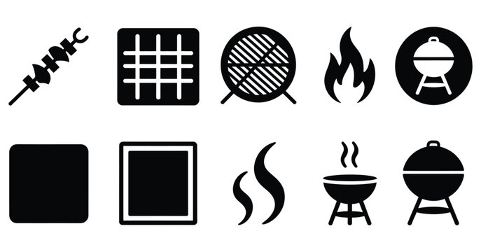 Barbecue Grill filled icon set, bbq tools and cooking equipment symbols, kitchen utensils, outdoor grilling elements, food preparation graphics, bold modern design for menu, signage, branding, and pac