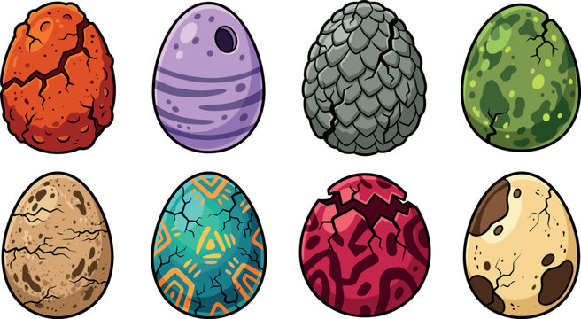 Cartoon Dragon and Dinosaur Egg Icon Set with Exotic Textures Scales Lava Cracks and Tribal Patterns for Fantasy RPG Game UI Asset Designs