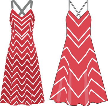 Fashion illustration set of summer dresses with red and white chevron zigzag patterns and crisscross straps