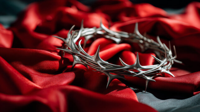 Thorn circlet centered under tight spotlight strong contrast, metallic crown on red silk fabric