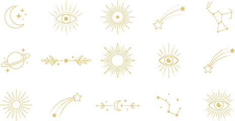 Mystical Celestial Gold Line Art Icon Set with Esoteric Sunburst Evil Eye Moon Phases and Constellation Symbols for Astrology Graphic Designs © EdGe Creative