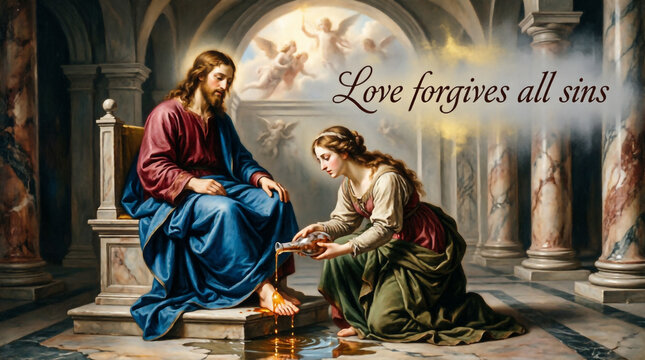 A sinful woman anoints Jesus with perfume in a vintage elegant and deeply cool sacred art.