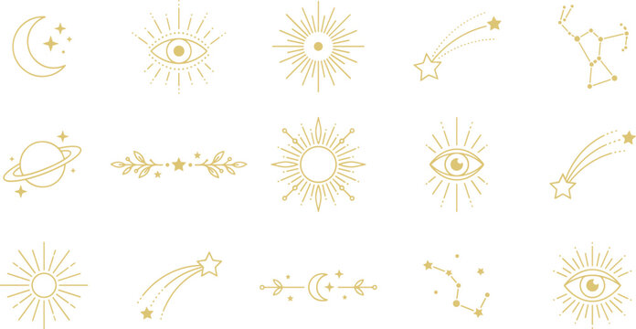 Mystical Celestial Gold Line Art Icon Set with Esoteric Sunburst Evil Eye Moon Phases and Constellation Symbols for Astrology Graphic Designs