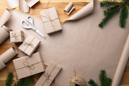 Christmas Gift Wrapping Background With Presents And Tools