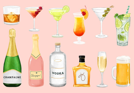 Colorful Cocktail And Drink Illustrations Element Design Set