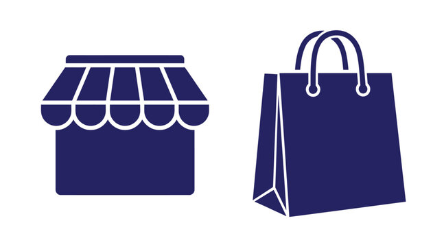 Icon set featuring retail storefront and shopping bag for e commerce concepts shopping commerce business purchase ecommerce consumer boutique marketing customer merchandise application
