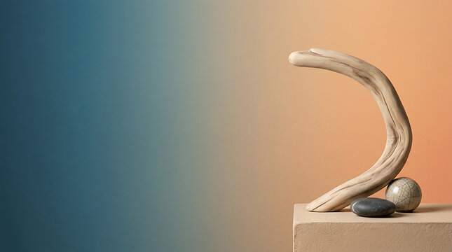 Curved driftwood and stones in a zen minimalist composition