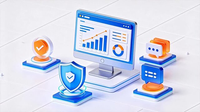 Computer with security and data icons