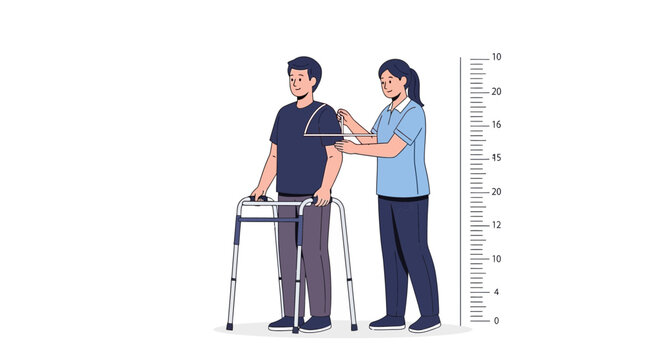 Medical professional measures patient's arm circumference using measuring tape, patient using walker, physical therapy concept