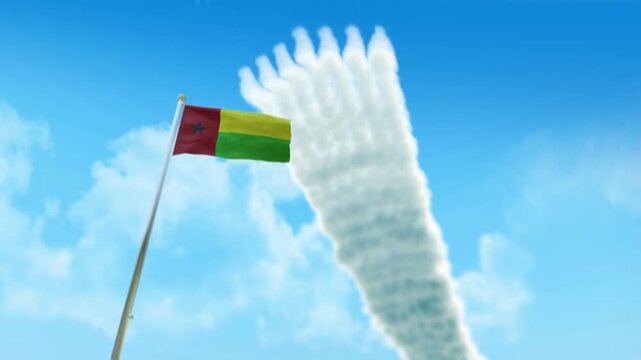 Guinea Biisau Flag 3D Render Animation on Pole with Fighter Jets Smoke Trails in Blue Sky - Low Angle View